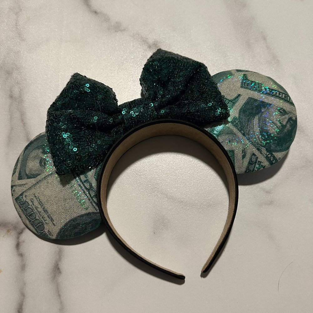 Money Print Mickey Mouse Ears with Green Sequin Bow